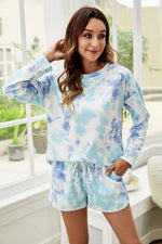 Shiny Tie-Dye Dropped Shoulder Top and Shorts Lounge Set - Ladyez