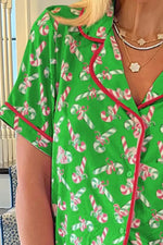 Candy Cane Collared Neck Top and Shorts Lounge Set - Ladyez