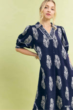 Umgee Border Print Collared Midi Dress
