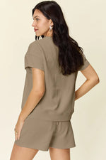 Double Take Full Size Texture Short Sleeve T-Shirt and Drawstring Shorts Set - Ladyez