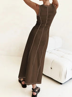 Contrast Stitching Round Neck Sleeveless Midi Dress