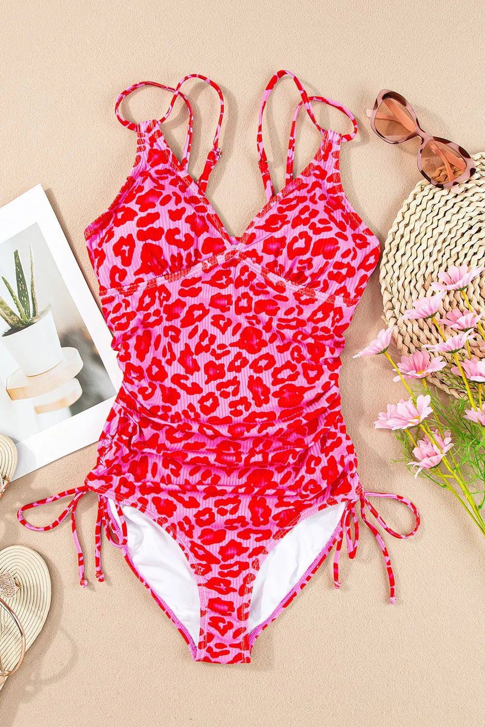 Leopard Cutout Ribbed Side Drawstring One-Piece Swimsuit - Ladyez