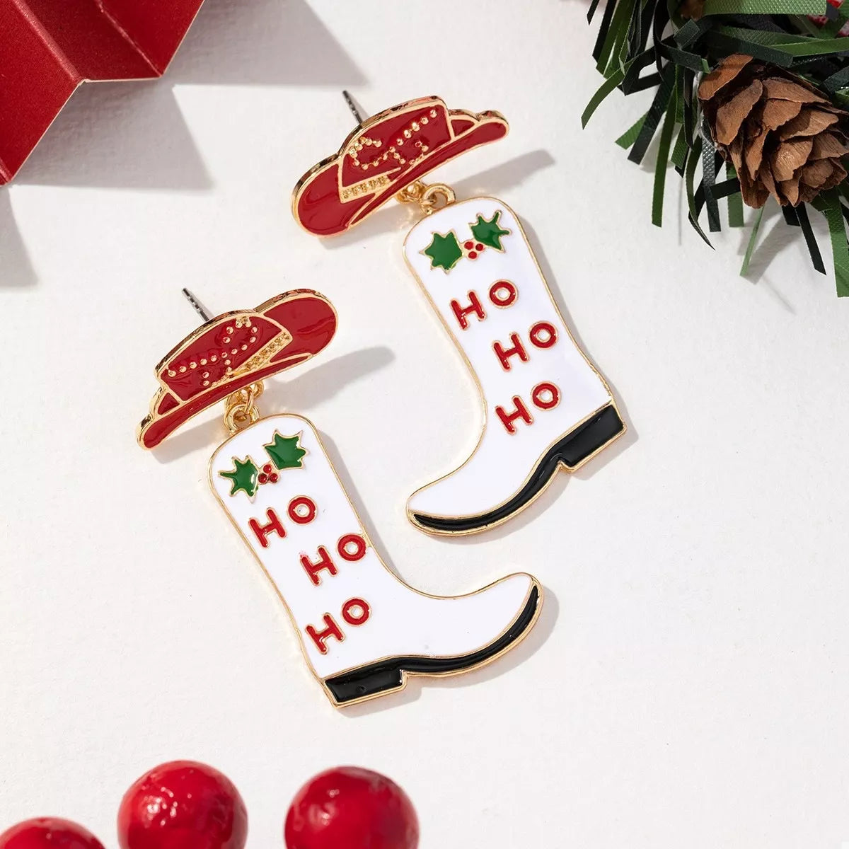 Christmas Cowboy Hat and Boot Dangle Earrings