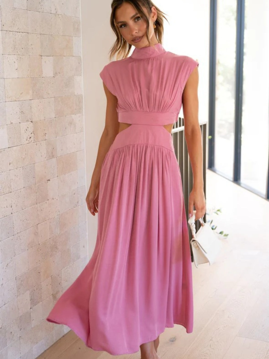 Cutout Mock Neck Sleeveless Ruched Dress - Ladyez
