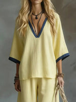 Contrast Trim V-Neck Top and Pants Set