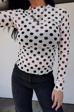 Polka Dot Mesh Long Sleeve Stand Neck Sheath Top