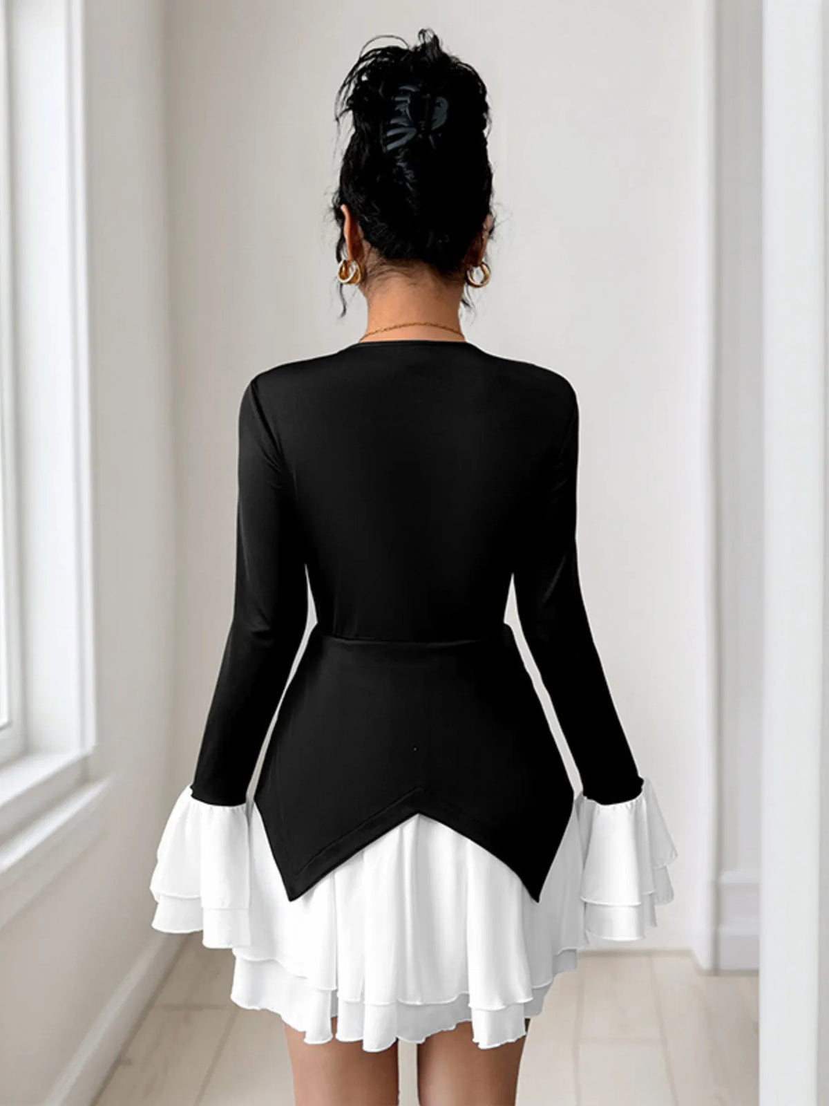 Two Tone V-Neck Long Sleeve Mini Dress