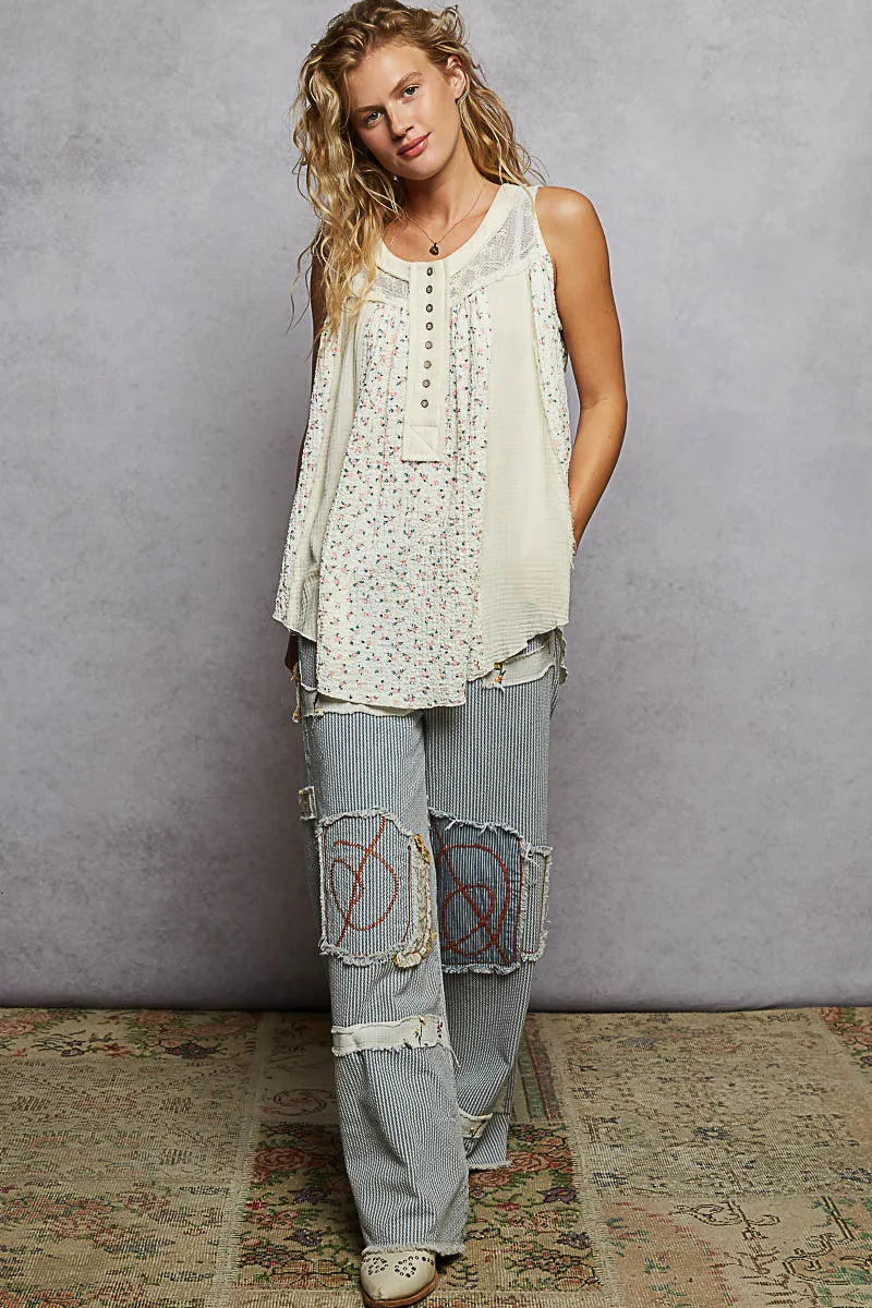POL Floral Print Button-Front Lace Patchwork Tank Top - Ladyez
