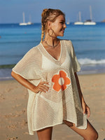 Angel Wings Openwork Flower V-Neck Short Sleeve Cover Up - Ladyez