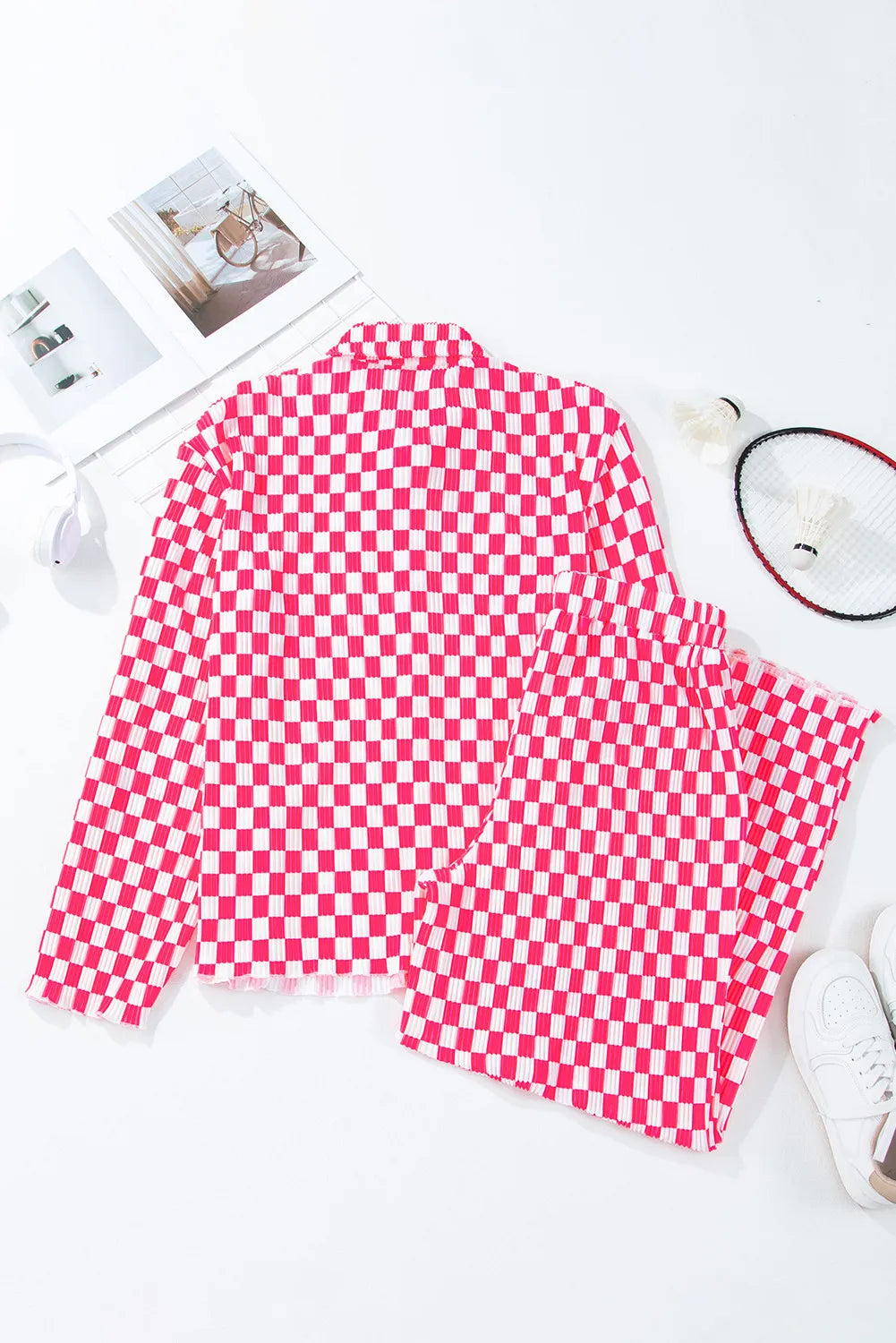Checkered Button Up Top and Pants Lounge Set - Ladyez