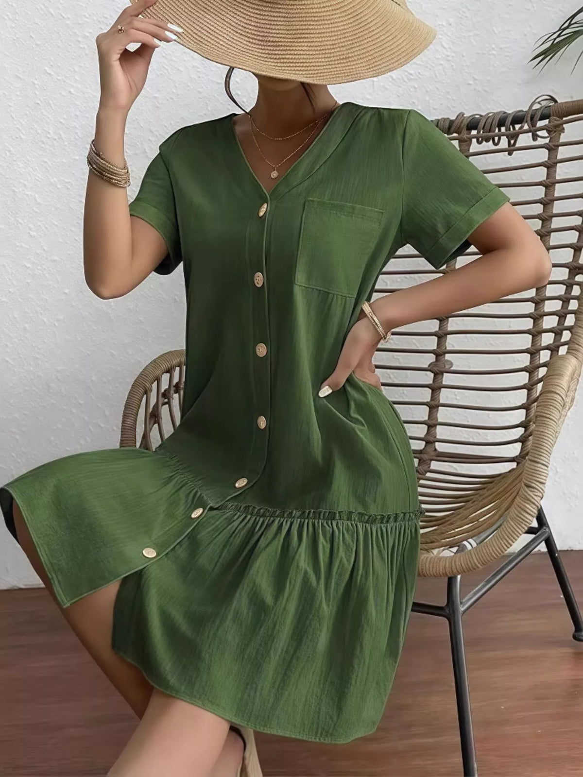 Full Size Button-Front Short Sleeve Tiered Dress Plus Size