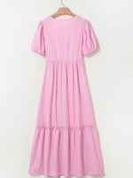 Striped Puff Sleeve V-Neck Maxi Dress - Ladyez