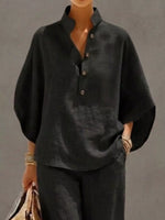 Full Size Button Detail 3/4 Sleeve Top and Pants Set Plus Size