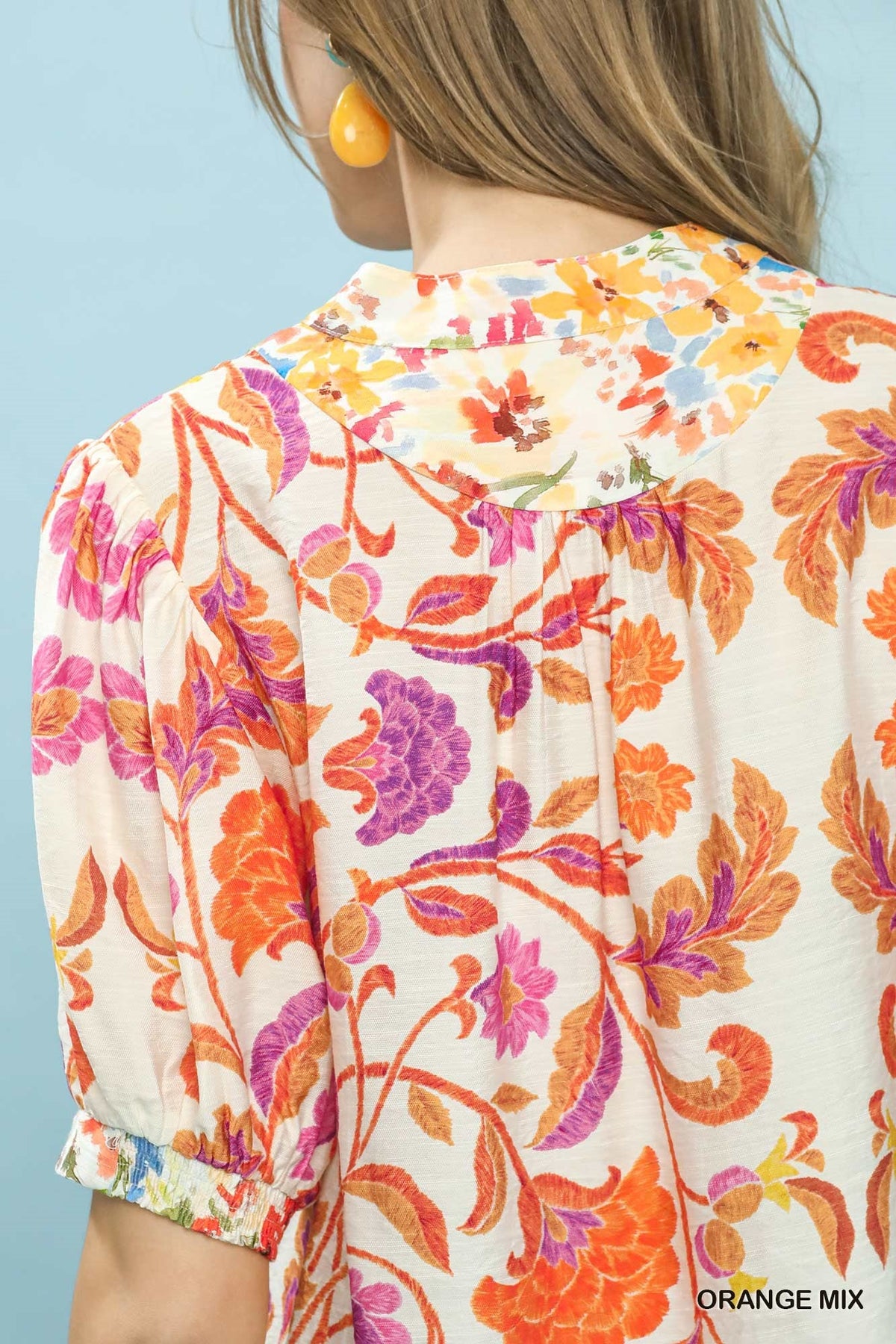 Umgee Mix Floral Split-Neck Short Sleeve Top