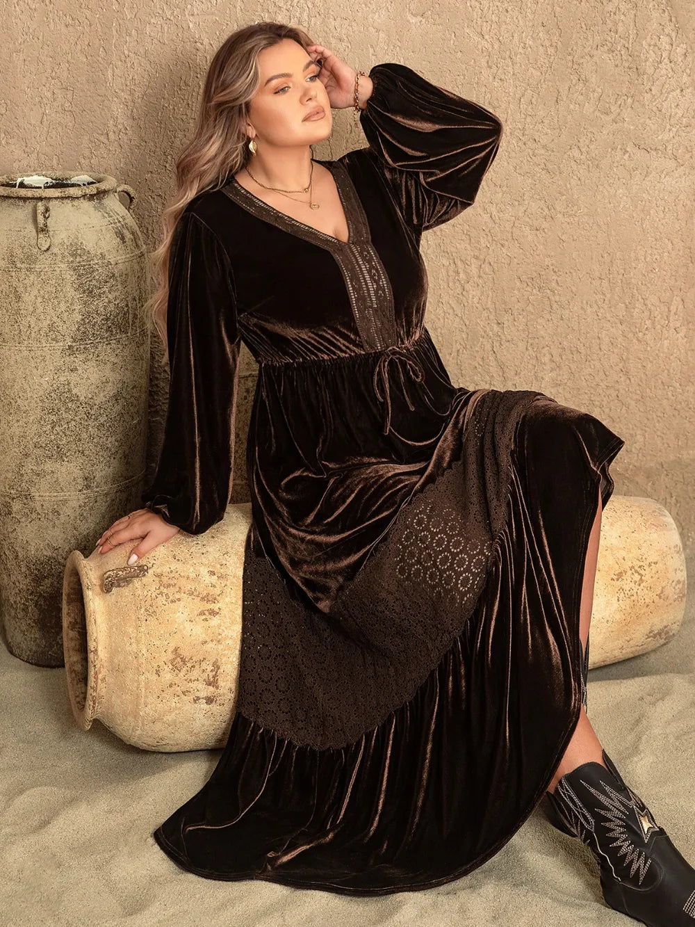 Plus Size V-Neck Balloon Sleeve Maxi Dress - Ladyez
