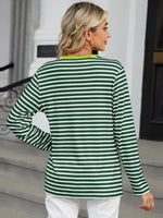 Striped Notched Long Sleeve T-Shirt - Ladyez