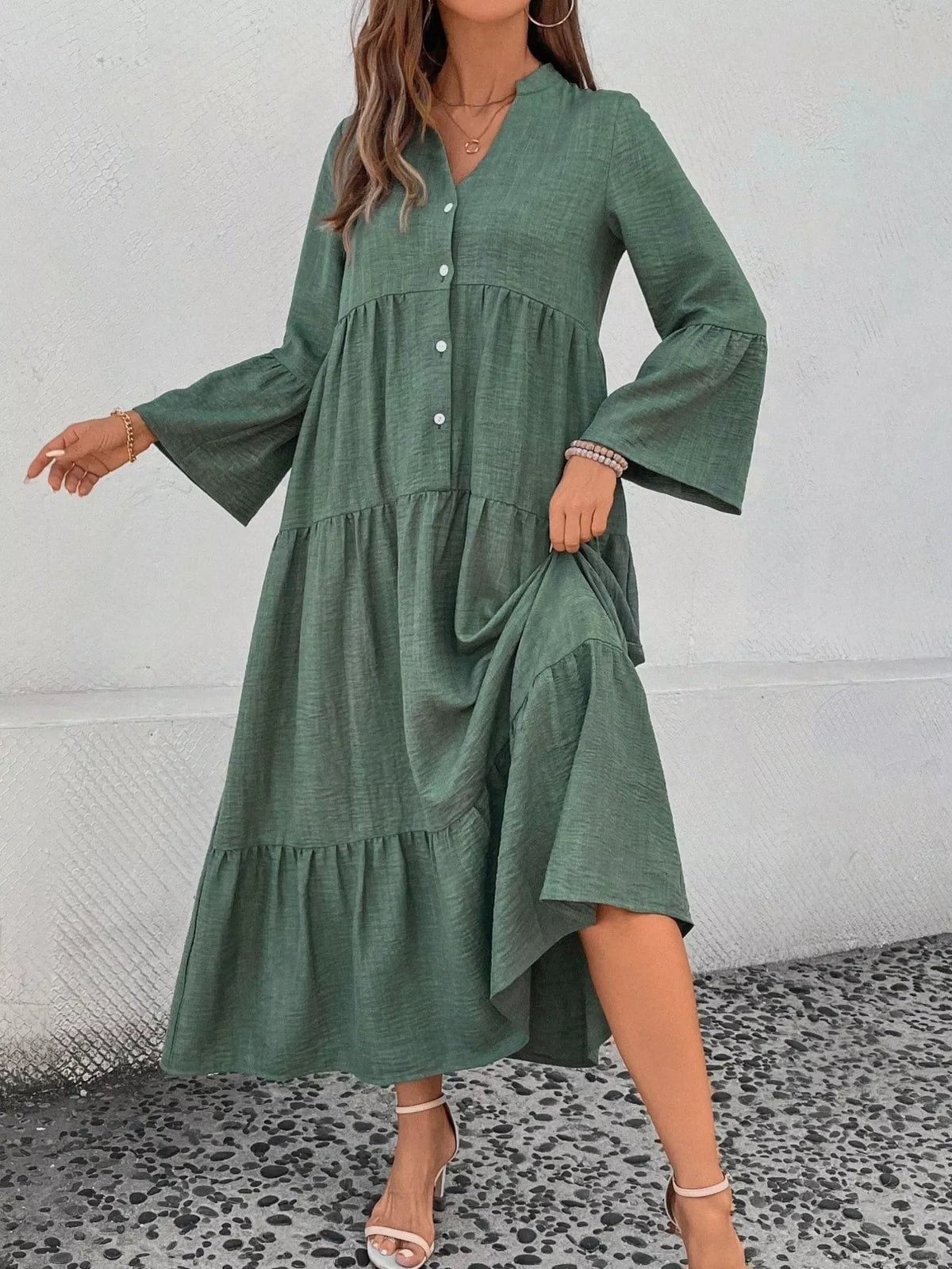 Ruffle Hem Button Front Tiered Dress
