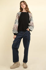 VERY J Printed Long Sleeve Round Neck Knit Top