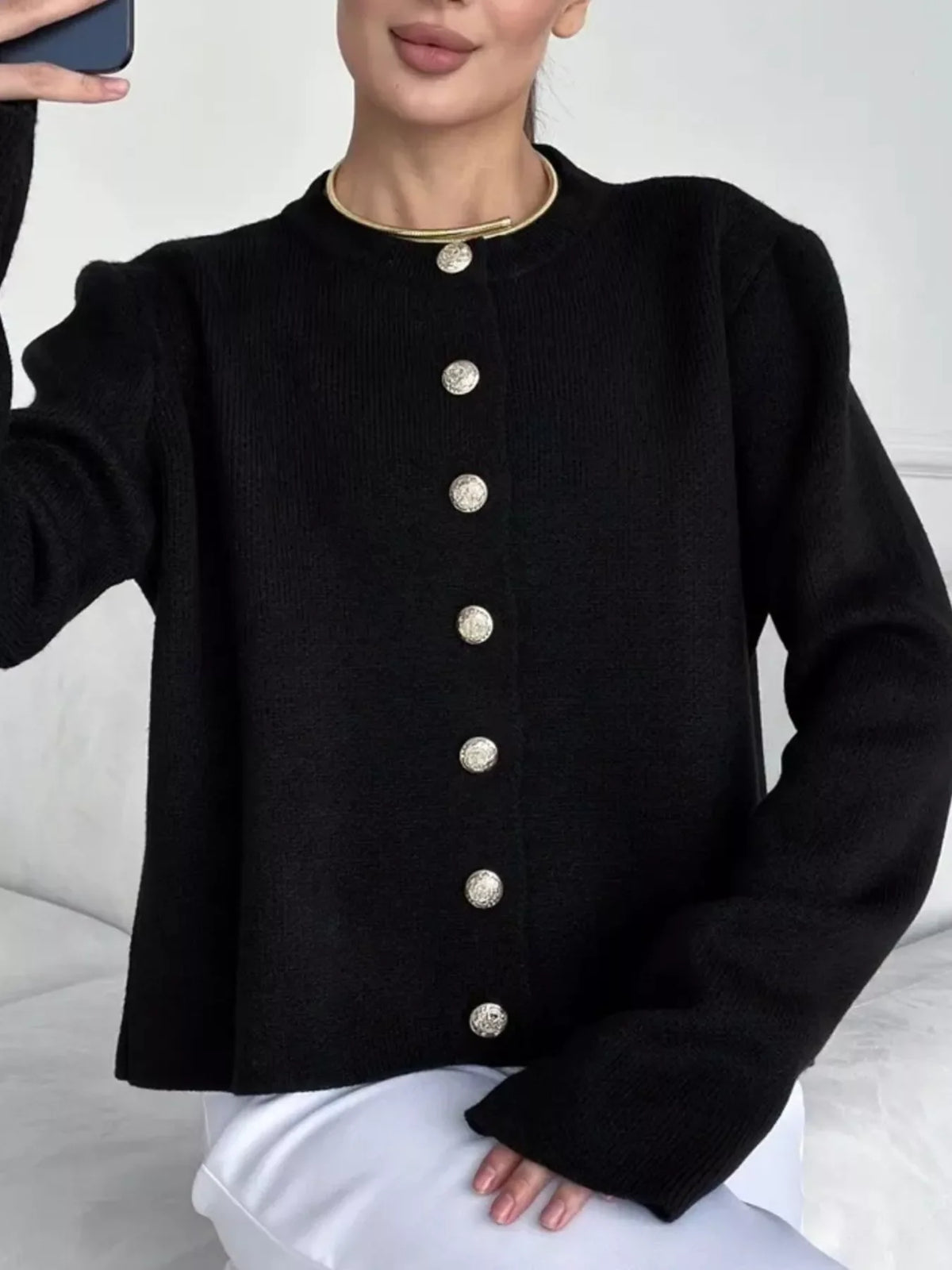 Crew-Neck Button Down Cardigan