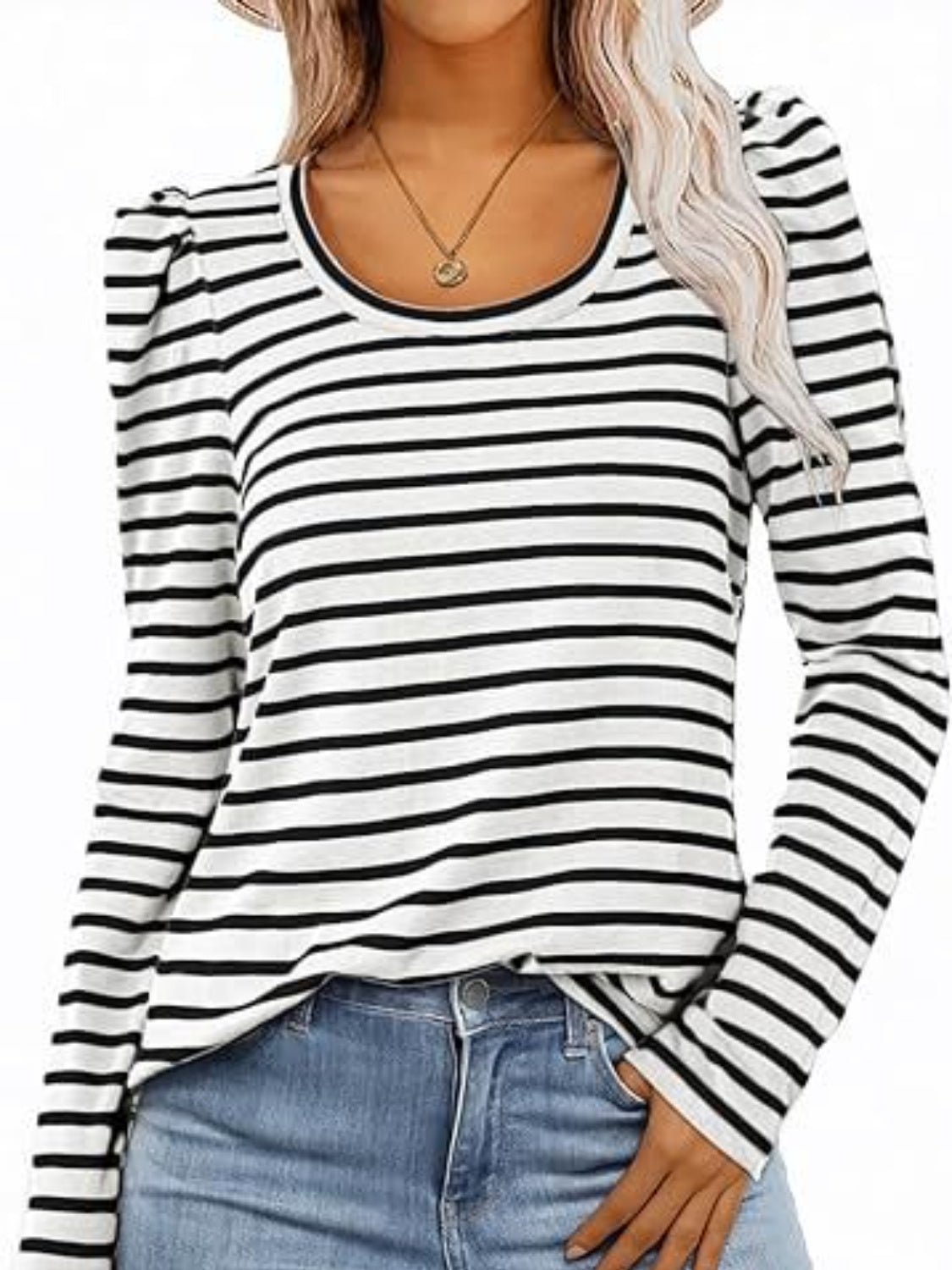Striped Round Neck Long Sleeve T-Shirt - Ladyez