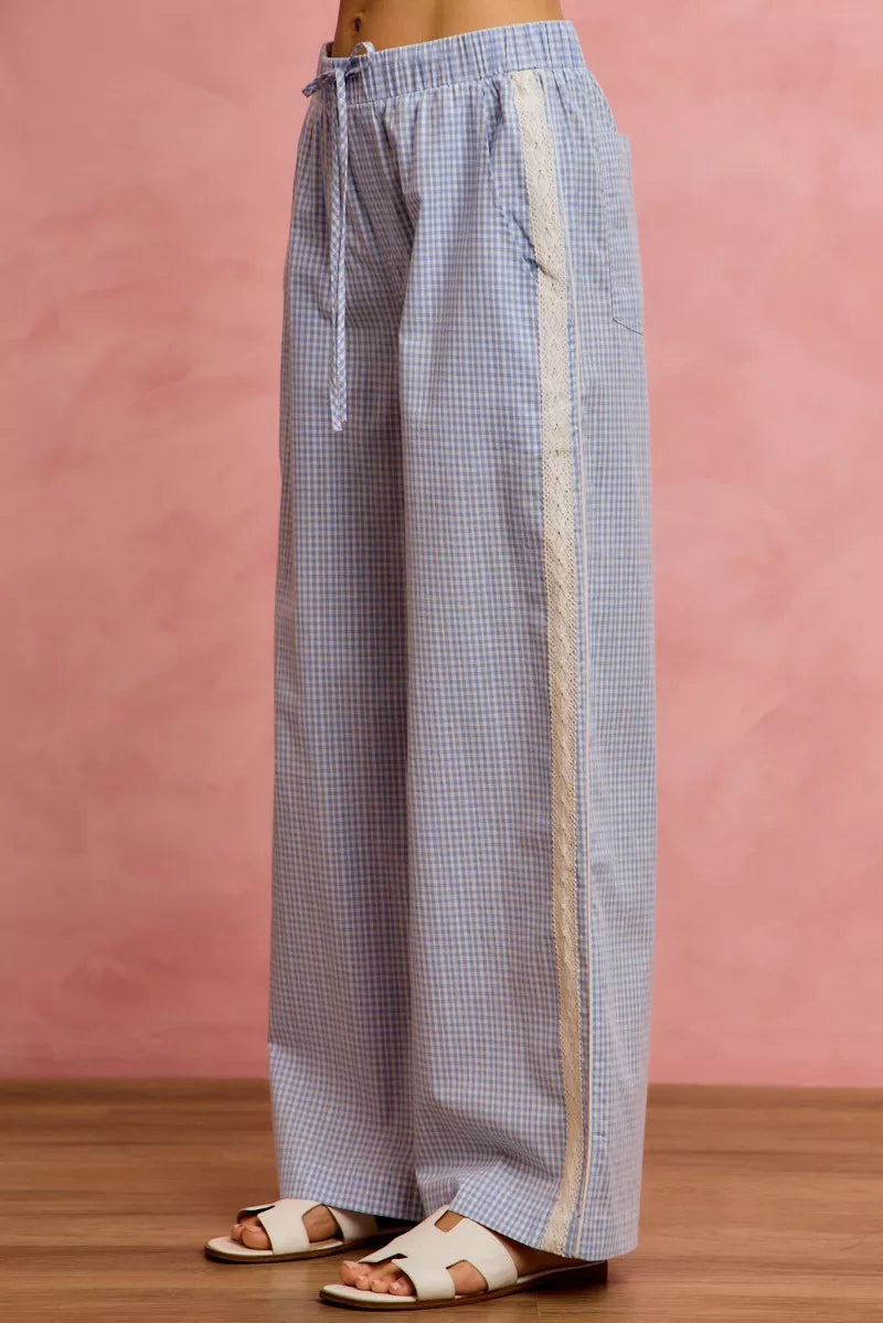 SO ME Wide CheckPants With Side Lace Trim And Piping
