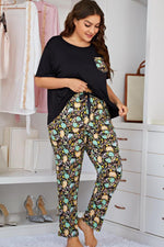 Plus Size Contrast Round Neck Tee and Floral Pants Lounge Set - Ladyez