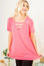 Heimish Full Size V-Neck Short Sleeve T-Shirt with Bar Detail Plus Size