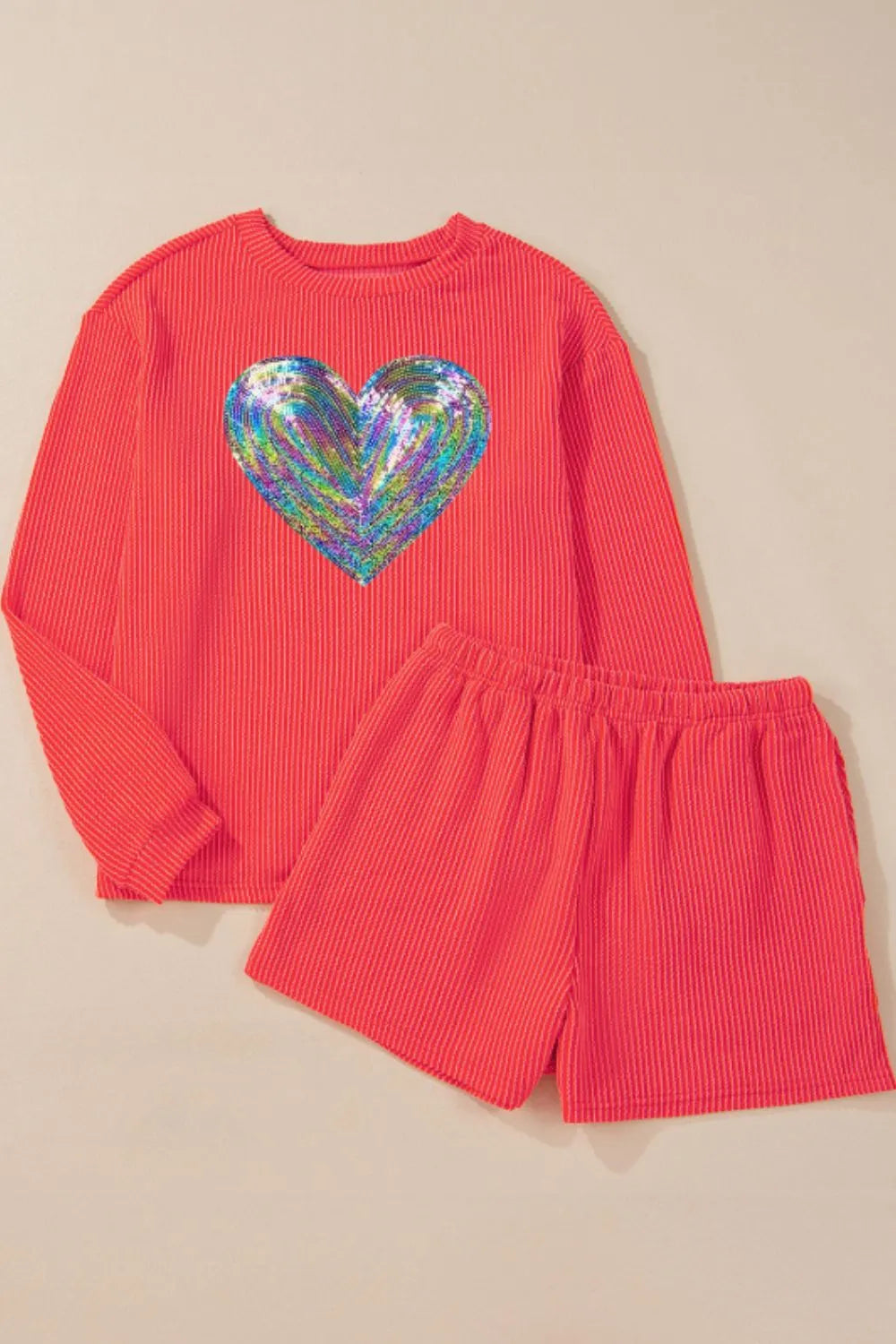Sequin Heart Round Neck Long Sleeve Top and ShortsSet