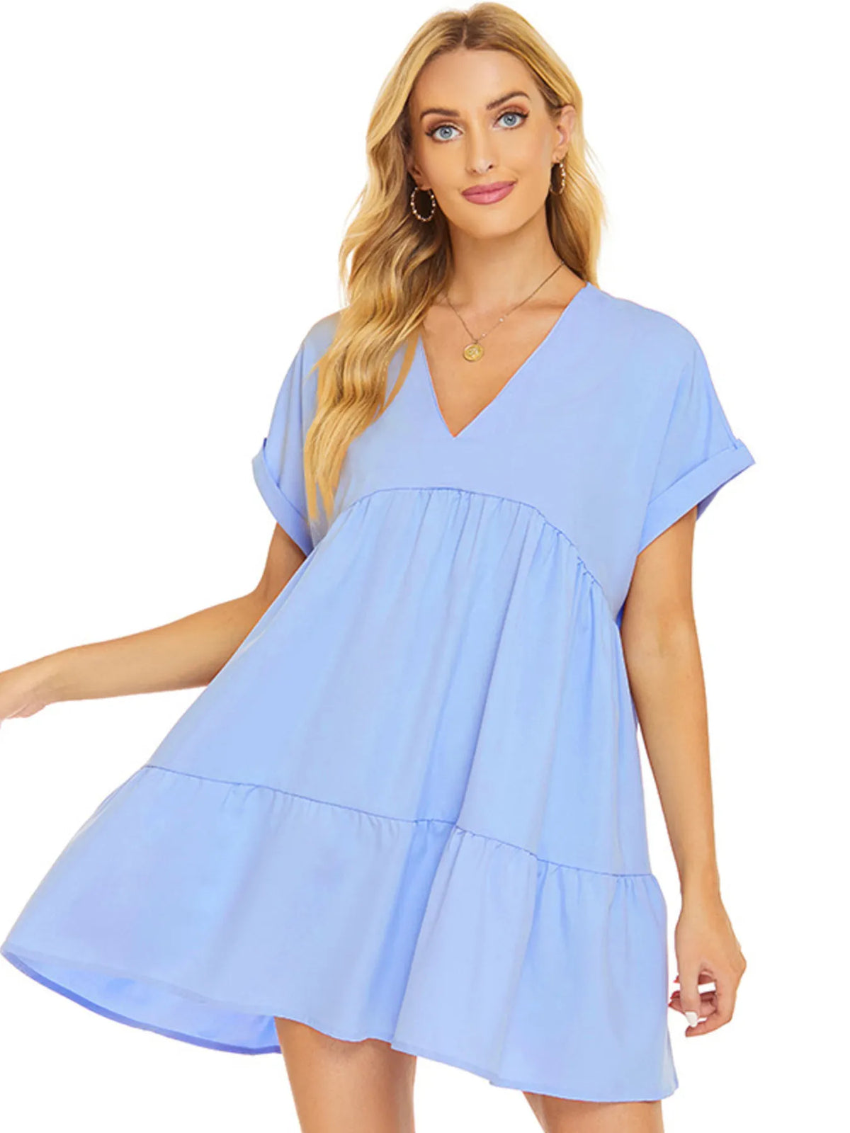 V-Neck Babydoll Tiered Mini Dress
