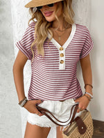 Striped V-Neck Short Sleeve T-Shirt - Ladyez