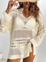 Cutout Notched Long Sleeve Cover-Up - Ladyez