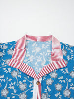 Floral Print Striped Trim Button Neck Short Sleeve Blouse