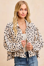 BiBi Crinkle Polka Dot Ruffled Hem Button Up Shirt Top