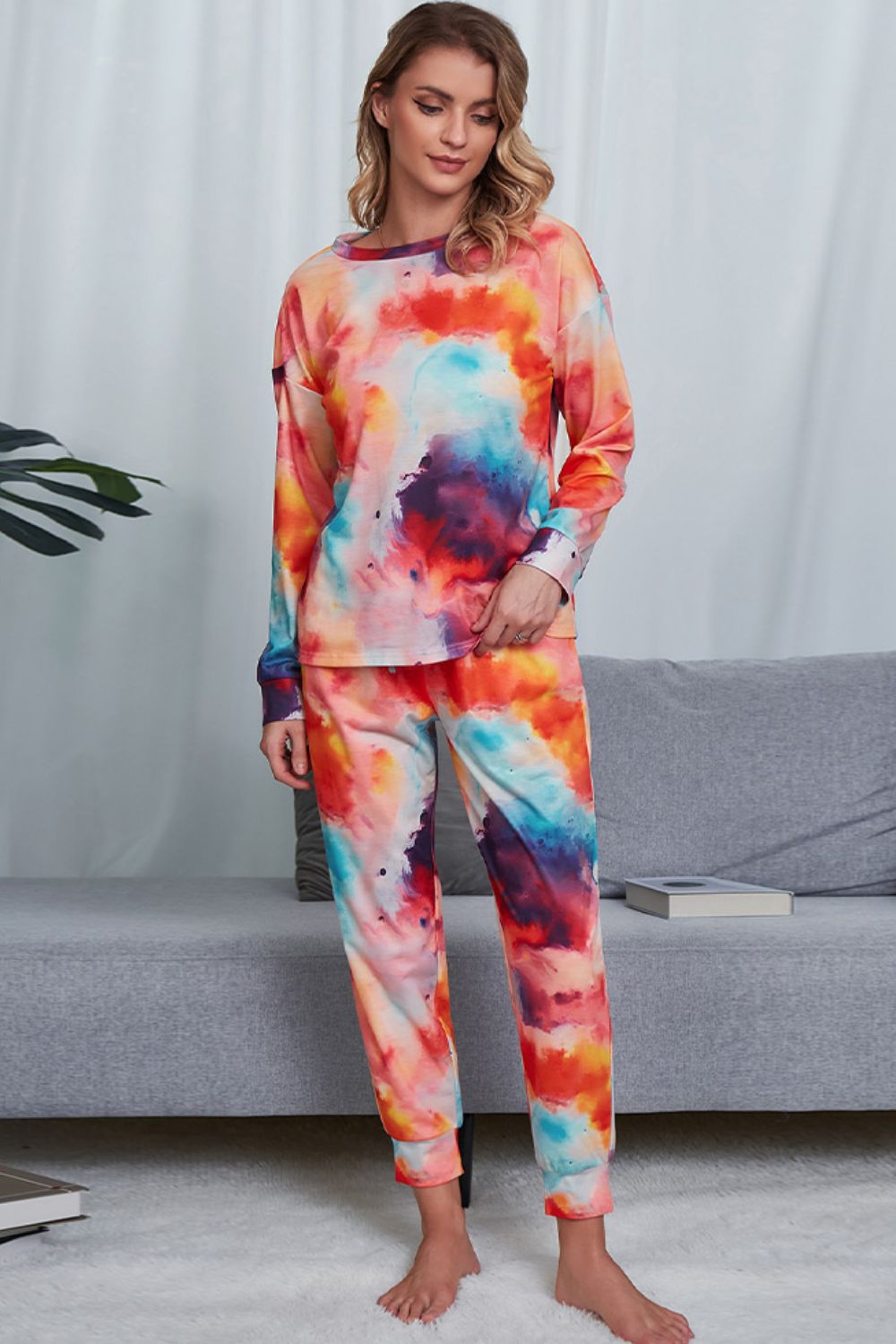 Shiny Tie-Dye Crewneck Top and Drawstring Waist Joggers Lounge Set - Ladyez