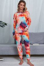 Shiny Tie-Dye Crewneck Top and Drawstring Waist Joggers Lounge Set - Ladyez