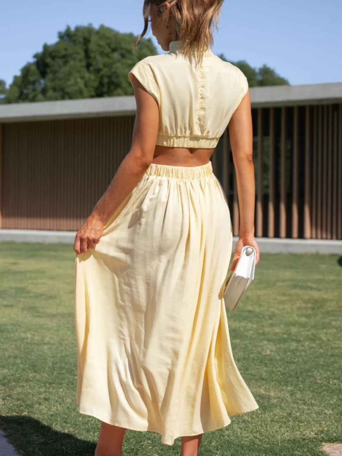 Cutout Mock Neck Sleeveless Ruched Dress - Ladyez
