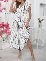 Abstract Print Ruffle Sleeve V-Neck Midi Dress