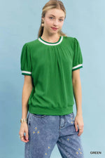 Umgee Puff Sleeve Knit Top with Contrast Rib Trim