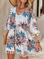 Tassel Tied Printed Half Sleeve Cover Up - Ladyez