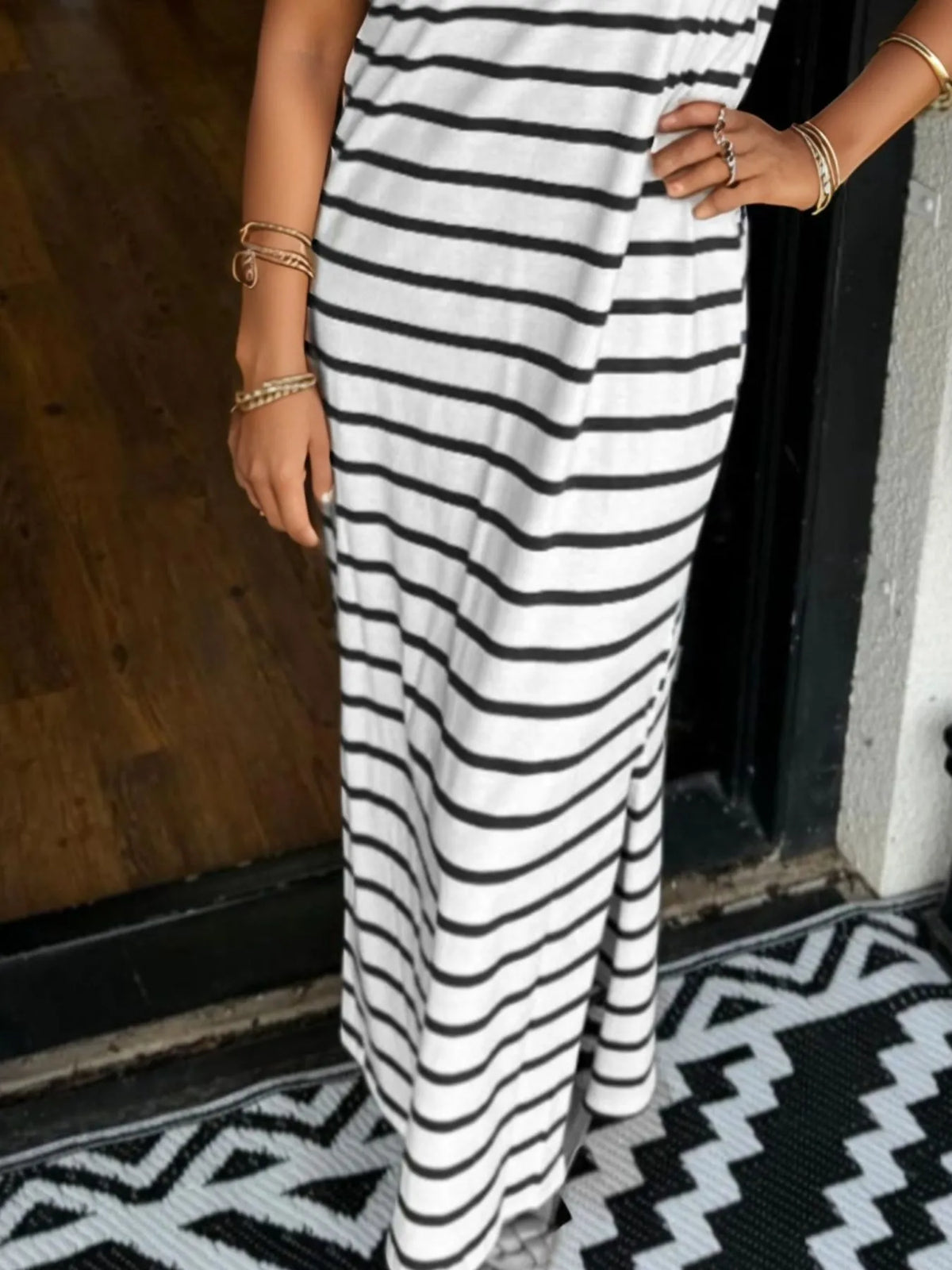 Full Size Striped T-Shirt Maxi Dress with Side Slit Plus Size - Ladyez