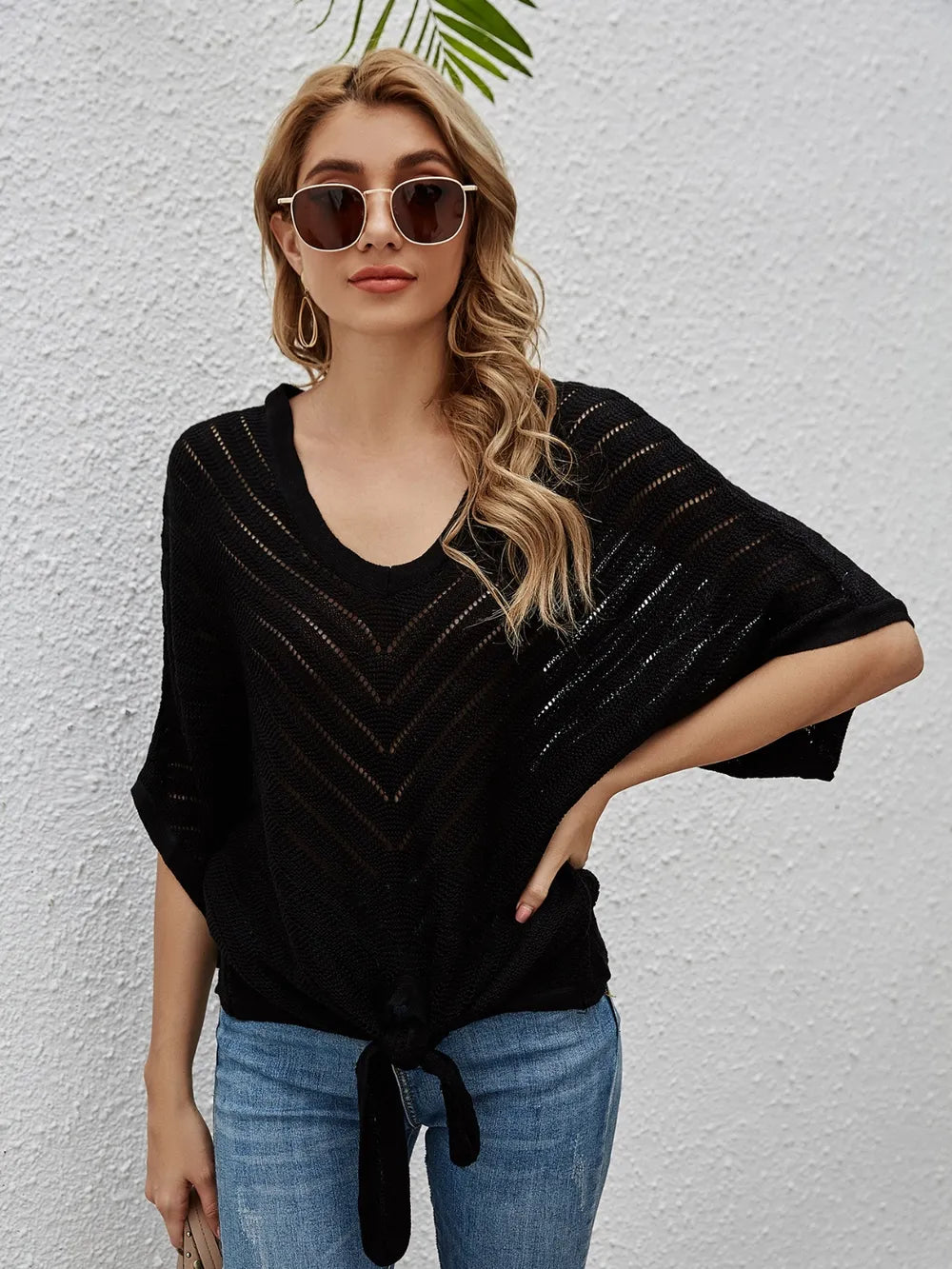 Openwork Batwing Sleeve Cover-Up - Ladyez