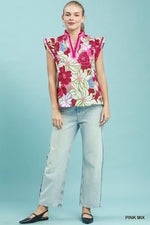 Umgee Bold Floral Flutter Sleeve Top