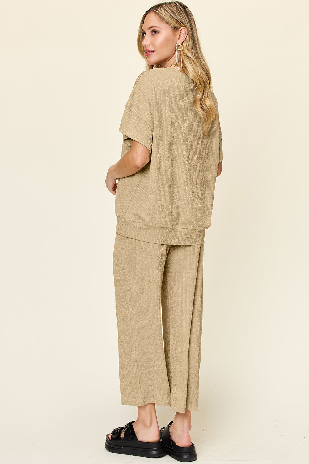 Double Take Full Size Texture Round Neck Short Sleeve T-Shirt and Wide Leg Pants - Ladyez