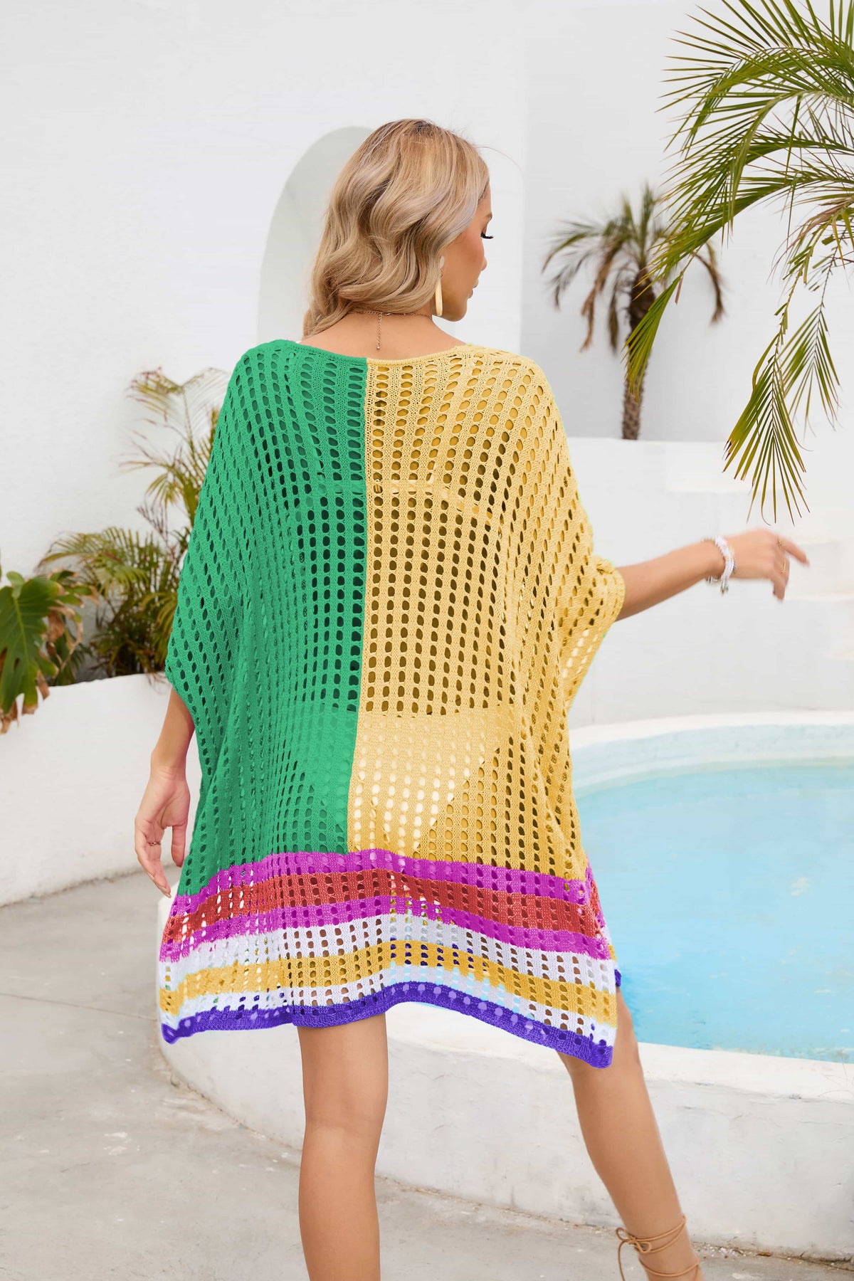 Contrast Scoop Neck Openwork Half Sleeve Cover Up - Ladyez