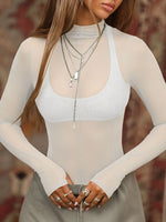 Mock Neck Long Sleeve Sheer Top - Ladyez
