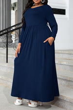 Plus Size Round Neck Long Sleeve Maxi Dress with Pockets - Ladyez