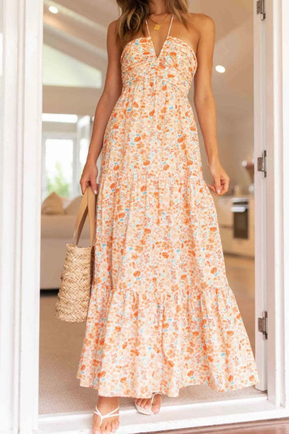 Tiered Halter Neck Printed Cami Dress - Ladyez