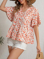 Floral Print V-Neck Ruffle Sleeve Peplum Blouse