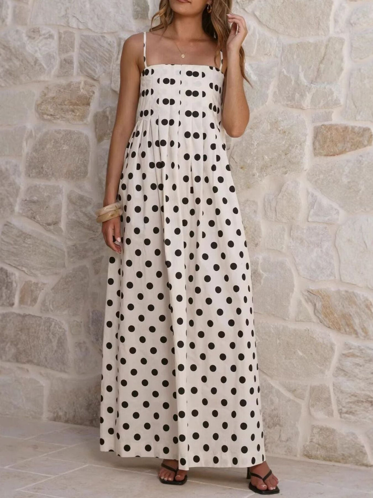Polka Dot Pleated Detail Maxi Dress