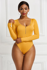 Half Zip Scoop Neck Long Sleeve Bodysuit - Ladyez
